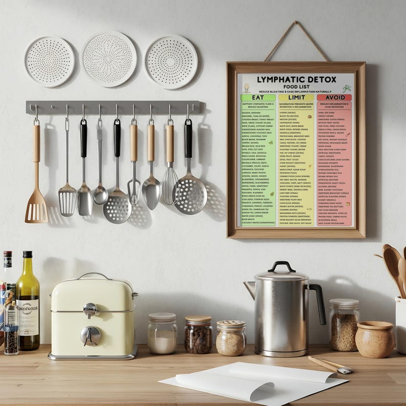 K&ouml;nnte beinhalten: K&uuml;chenszene mit Kochutensilien, einem gerahmten "Lymphatic Detox Food List" und einem cremefarbenen Toaster. Gl&auml;ser und ein Edelstahlkessel stehen auf der Arbeitsplatte.