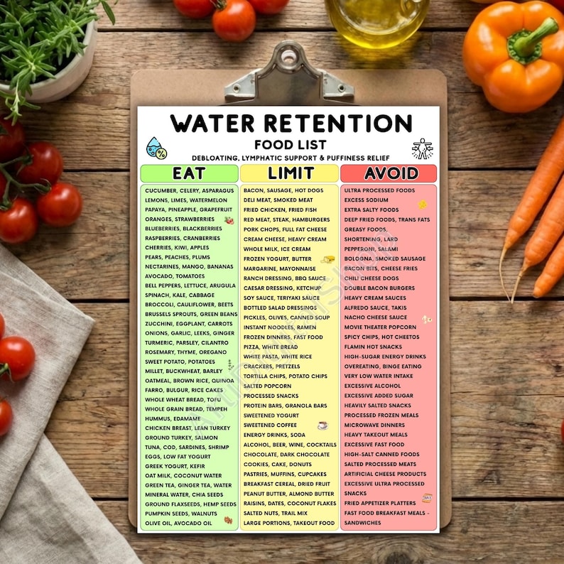 Afdrukbaar voedsellijst waterretentie, tabel met ontblote voedingsmiddelen, gids eetlimiet vermijden, ondersteuning van de lymfeklieren, verlichting van gezwollen gezicht en zwelling afbeelding 4