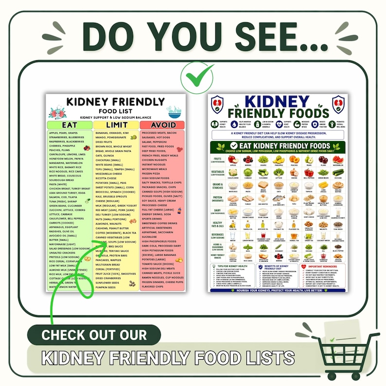 May include: Two informational charts titled Kidney Friendly Food List and Kidney Friendly Foods. The charts feature categorised columns for eating, limiting, and avoiding specific food items, with icons and text detailing dietary guidelines for health.