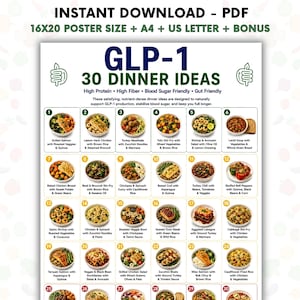May include: A digital poster titled GLP-1 30 DINNER IDEAS featuring a numbered grid of thirty distinct meal photographs. The text includes High Protein, High Fiber, Blood Sugar Friendly, and Gut Friendly. The layout displays various bowls of food.