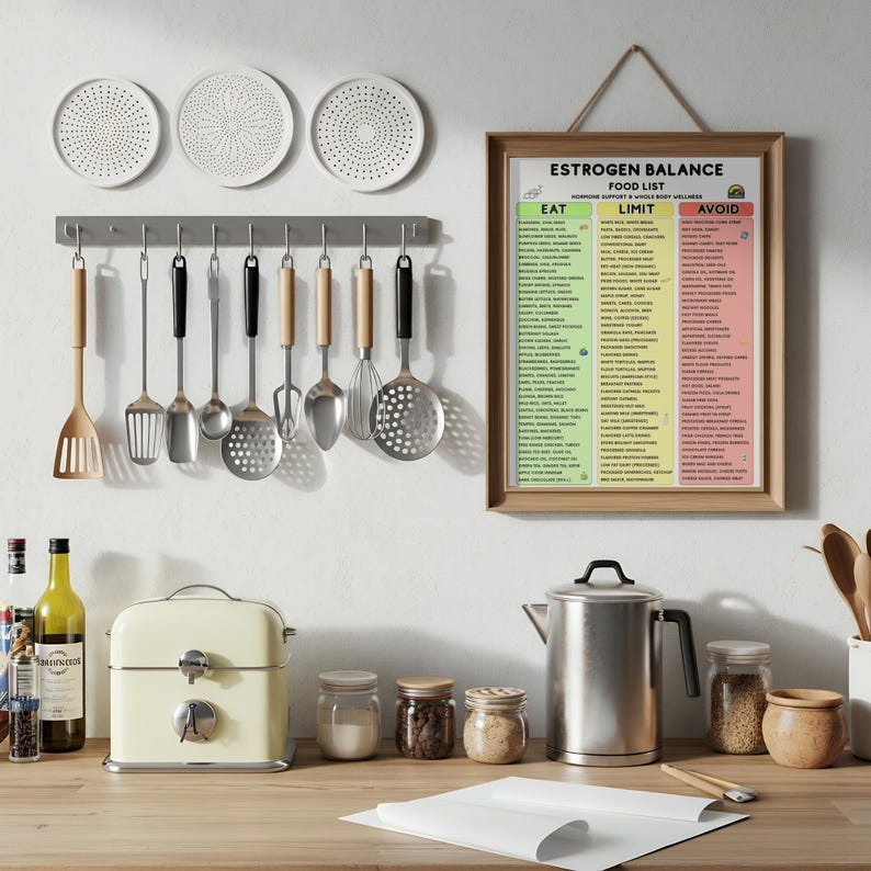 May include: A kitchen scene with various cooking utensils hanging above a countertop. A framed "Estrogen Balance Food List" hangs on the wall. A cream-colored toaster oven, jars, and a stainless steel kettle are on the counter.