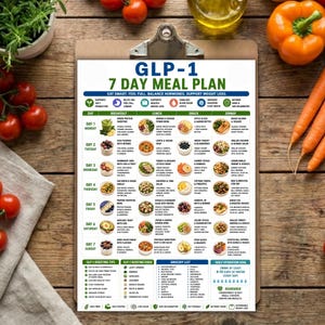 Puede incluir: Un portapapeles blanco con un plan de comidas de 7 d&iacute;as GLP-1 impreso con texto en azul y verde. El documento incluye un horario diario para el desayuno, el almuerzo, la merienda y la cena, junto con una lista de compras y consejos.