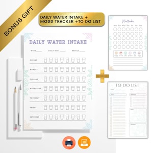 Op de afbeelding: Een printbare set met een dagelijkse waterinname-tracker met glasiconen voor elke dag van de week, een stemmingstracker met emoji-gezichten en een takenlijst met secties voor prioriteiten, notities en herinneringen op wit papier.