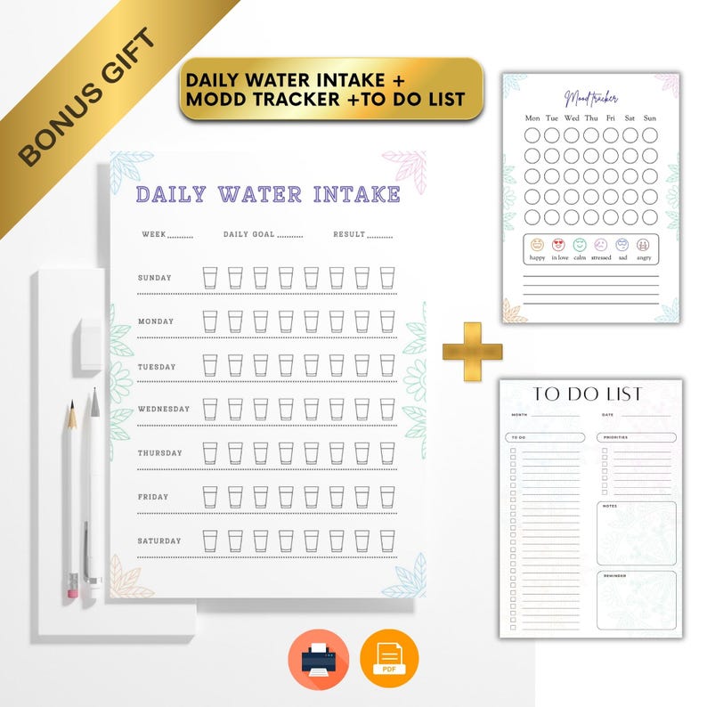 Op de afbeelding: Een printbare set met een dagelijkse waterinname-tracker met glasiconen voor elke dag van de week, een stemmingstracker met emoji-gezichten en een takenlijst met secties voor prioriteiten, notities en herinneringen op wit papier.