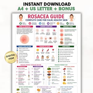 May include: An informational infographic titled Rosacea Guide: Complete Care for Calm, Healthy Skin. The document features sections on symptoms, types, causes, triggers, skincare routines, and diet tips, all illustrated with icons and text.