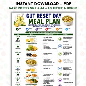 Puede incluir: Un plan de comidas de un día para la salud intestinal en formato PDF, con un horario de 7:30 a 20:30. El documento detalla comidas, recetas con ingredientes en medidas métricas y beneficios para la salud, ilustrado con iconos y alimentos.