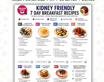 May include: A digital PDF meal plan titled Kidney Friendly 7 Day Breakfast Recipes. The document includes seven daily breakfast recipes with ingredient lists, preparation instructions, calorie counts, and a section for kidney-friendly breakfast tips.