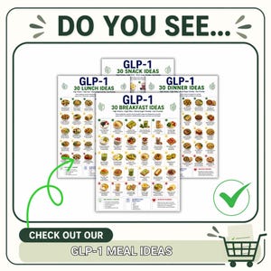 Puede incluir: Una colecci&oacute;n de tres tablas informativas tituladas GLP-1 30 Breakfast Ideas, 30 Lunch Ideas y 30 Dinner Ideas. Cada tabla presenta una cuadr&iacute;cula de im&aacute;genes de alimentos con etiquetas de texto, iconos verdes y un gr&aacute;fico de carrito con un visto.