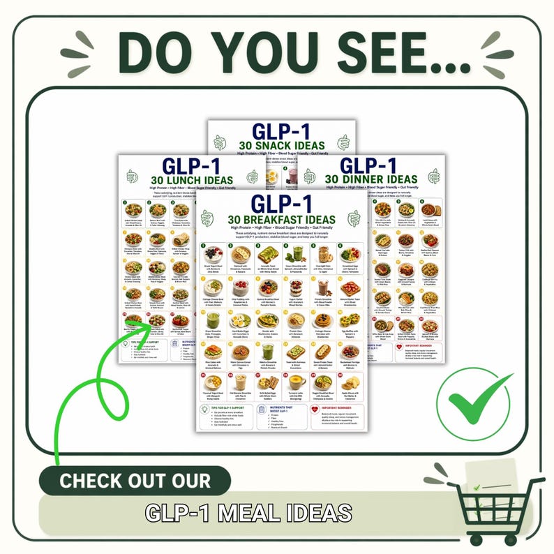 Puede incluir: Una colecci&oacute;n de tres tablas informativas tituladas GLP-1 30 Breakfast Ideas, 30 Lunch Ideas y 30 Dinner Ideas. Cada tabla presenta una cuadr&iacute;cula de im&aacute;genes de alimentos con etiquetas de texto, iconos verdes y un gr&aacute;fico de carrito con un visto.