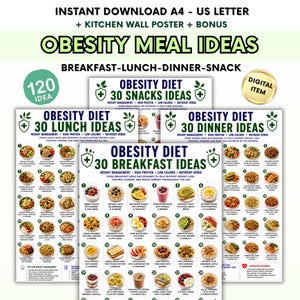 Puede incluir: Descarga digital de un póster de pared de cocina con ideas de comidas para la obesidad para el desayuno, el almuerzo, la cena y los refrigerios. El póster incluye 120 ideas, con 30 ideas para cada comida, y enfatiza el control de peso.
