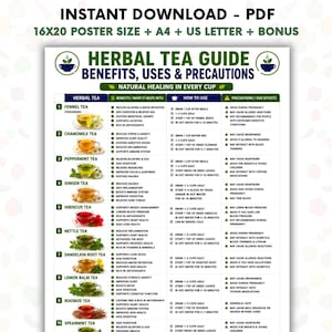 Puede incluir: Un póster digital de guía de infusiones con una tabla de diez tipos de té, incluyendo hinojo, manzanilla, menta, jengibre, hibisco, ortiga, raíz de diente de león, toronjil, rooibos y hierbabuena, detallando beneficios y precauciones.