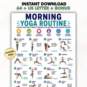 Morning Yoga Routine Printable, Yoga Poses Chart, Morning Stretching Routine, Beginner Yoga Flow, Daily Yoga Exercises