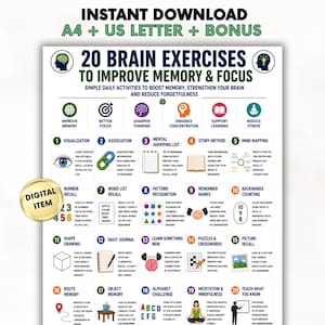 May include: A digital infographic titled 20 Brain Exercises to Improve Memory & Focus, featuring a grid of numbered activities with icons and text descriptions. The document includes sections for visualization, association, and meditation.