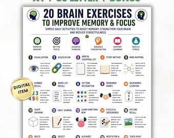 20 Brain Exercises to Improve Memory & Focus Printable, Brain Training Activities Memory Chart PDF , Cognitive Skills Guide