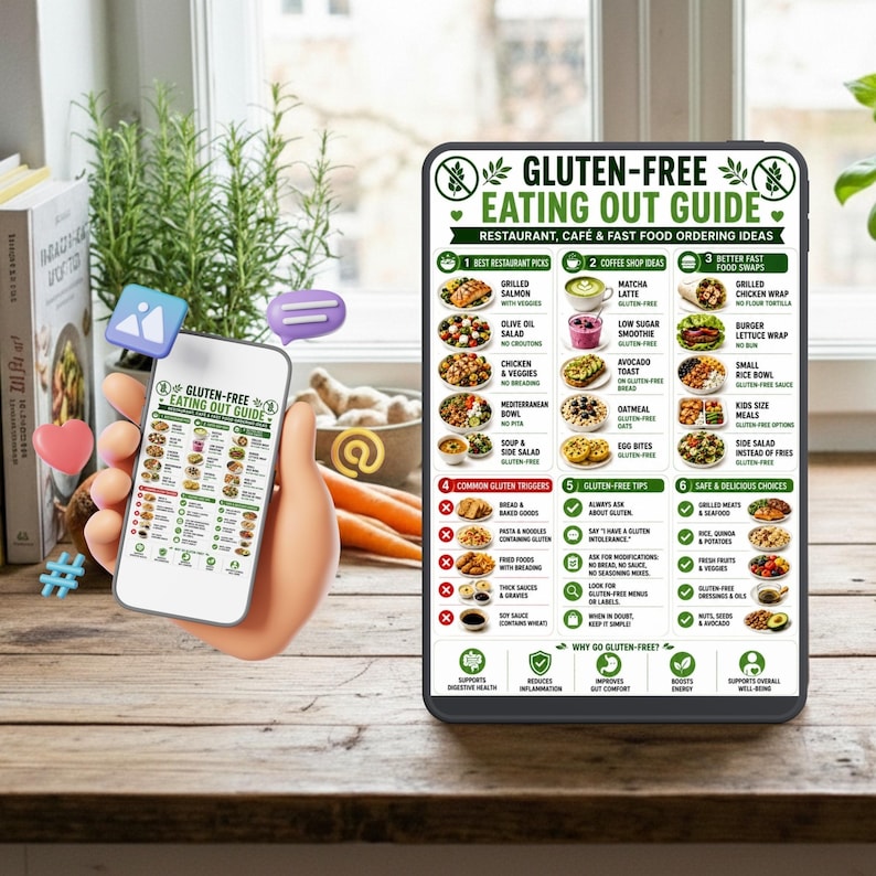 K&ouml;nnte beinhalten: Ein digitales "Gluten-Free Eating Out Guide" wird auf einem Smartphone und Tablet angezeigt. Der Guide bietet Ideen f&uuml;r Restaurants, Caf&eacute;s und Fast Food, mit Abschnitten zu sicheren Optionen und glutenfreien Tipps. Das Bild enth&auml;lt Symbole und Text.