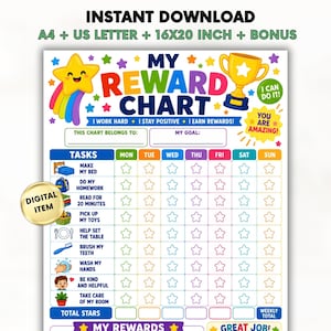 May include: A colorful reward chart featuring the text MY REWARD CHART, a yellow star, and a gold trophy. The grid includes columns for days of the week and rows for tasks like making the bed, doing homework, and washing hands, with empty star outlines.