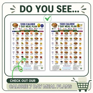 Peut inclure: Deux tableaux informatifs blancs intitul&eacute;s 1200 Calorie 7 Day Meal Plan et 1500 Calorie 7 Day Meal Plan. Chaque tableau pr&eacute;sente une grille avec des aliments, des ic&ocirc;nes et du texte. Le texte en haut indique DO YOU SEE et en bas CHECK OUT OUR CALORIE 7 DAY MEAL PLANS.