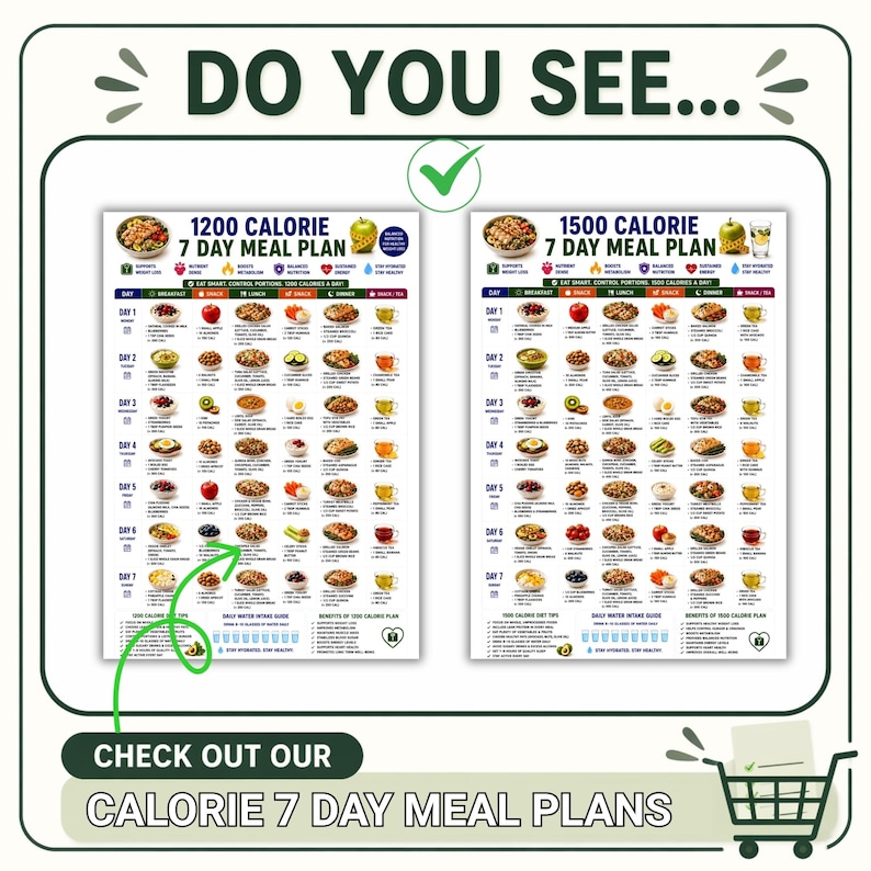 Peut inclure: Deux tableaux informatifs blancs intitul&eacute;s 1200 Calorie 7 Day Meal Plan et 1500 Calorie 7 Day Meal Plan. Chaque tableau pr&eacute;sente une grille avec des aliments, des ic&ocirc;nes et du texte. Le texte en haut indique DO YOU SEE et en bas CHECK OUT OUR CALORIE 7 DAY MEAL PLANS.