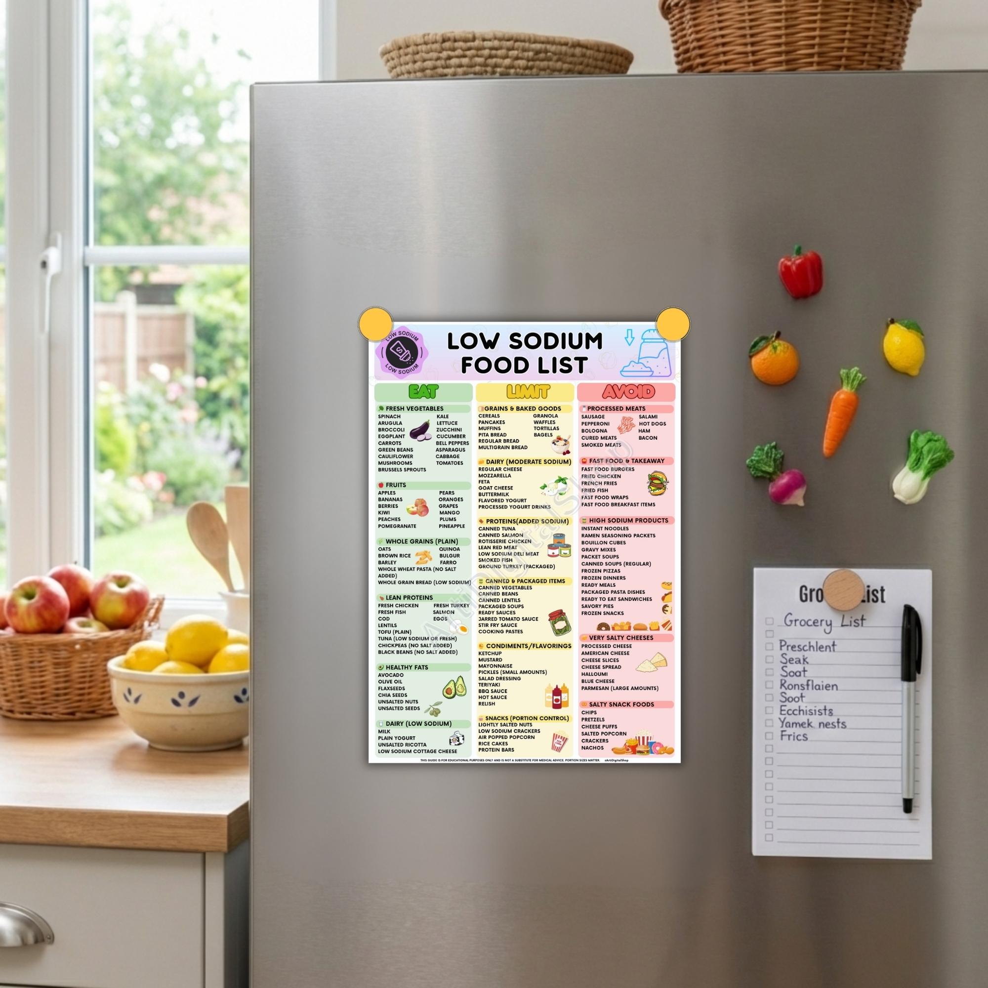 Low Sodium Printable Food List, Low Salt Food Chart, List Guide for ...