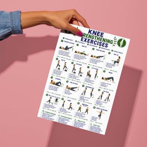 May include: A white instructional poster titled Knee Strengthening Exercises featuring sixteen numbered illustrations of physical therapy movements, including straight leg raises, lunges, and calf raises, with text instructions for each exercise.