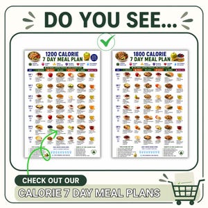 May include: Two printed 7-day meal plan charts titled 1200 CALORIE and 1800 CALORIE, featuring daily food schedules, icons, and nutritional tips. The graphic includes the text DO YOU SEE and CHECK OUT OUR CALORIE 7 DAY MEAL PLANS with a shopping cart icon.