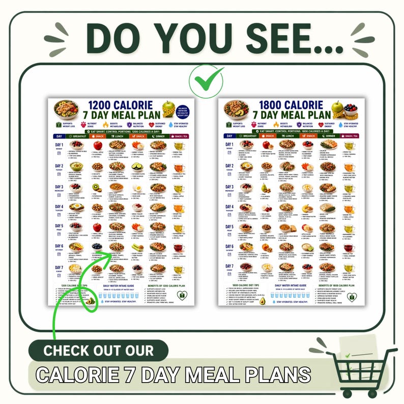 May include: Two printed 7-day meal plan charts titled 1200 CALORIE and 1800 CALORIE, featuring daily food schedules, icons, and nutritional tips. The graphic includes the text DO YOU SEE and CHECK OUT OUR CALORIE 7 DAY MEAL PLANS with a shopping cart icon.