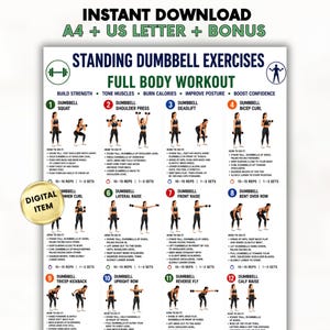 Puede incluir: Una tabla de ejercicios digital titulada Standing Dumbbell Exercises Full Body Workout. Incluye doce ilustraciones numeradas de una persona realizando varios ejercicios con mancuernas, junto con instrucciones, repeticiones y series.