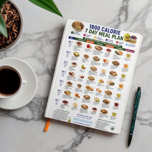 Peut inclure: Un carnet blanc pr&eacute;sentant un plan de repas de 1800 calories sur 7 jours avec une mise en page en grille. La page affiche des options quotidiennes pour le petit-d&eacute;jeuner, les collations, le d&eacute;jeuner et le d&icirc;ner avec des illustrations.