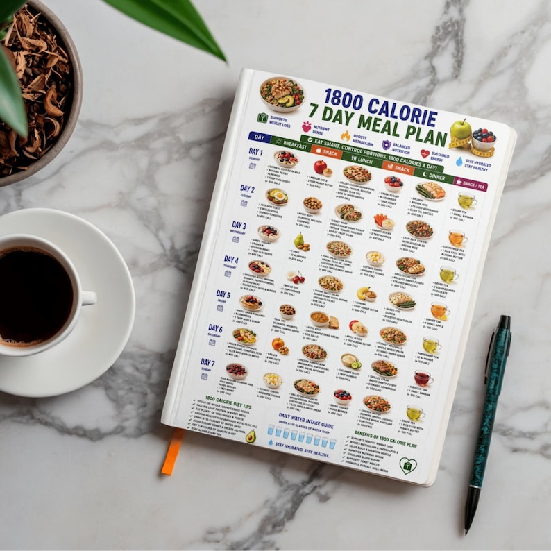 Peut inclure: Un carnet blanc pr&eacute;sentant un plan de repas de 1800 calories sur 7 jours avec une mise en page en grille. La page affiche des options quotidiennes pour le petit-d&eacute;jeuner, les collations, le d&eacute;jeuner et le d&icirc;ner avec des illustrations.