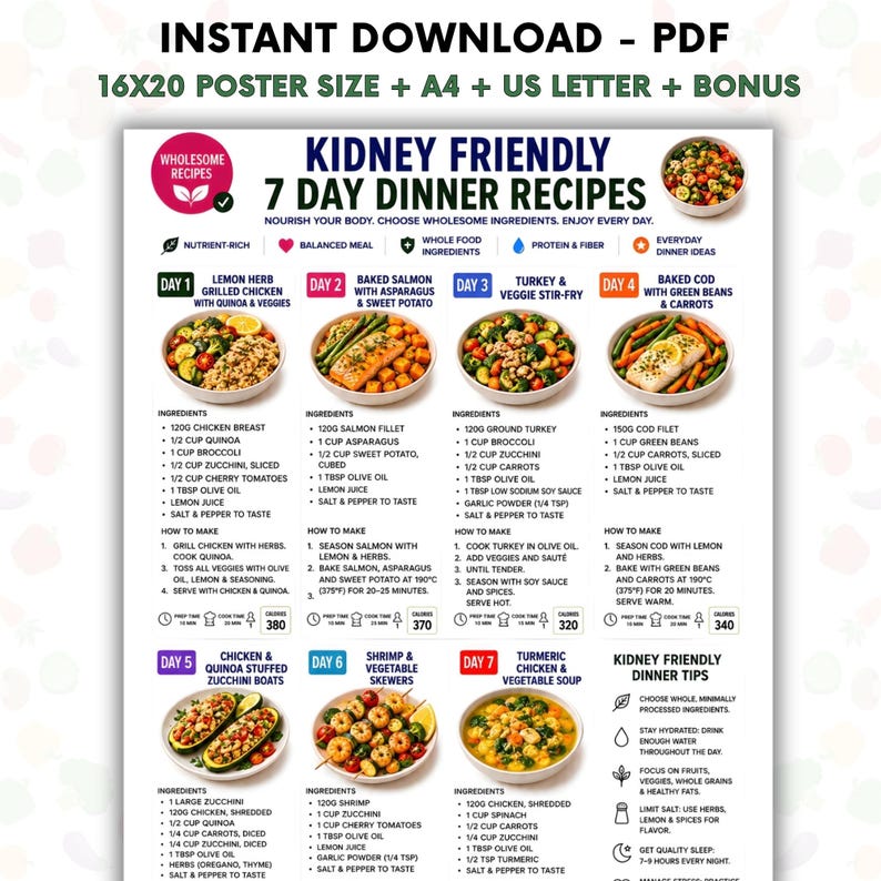 May include: A digital poster titled Kidney Friendly 7 Day Dinner Recipes featuring seven daily meal plans with ingredient lists and instructions. The layout includes images of prepared dishes, nutritional icons, and a section for dinner tips.