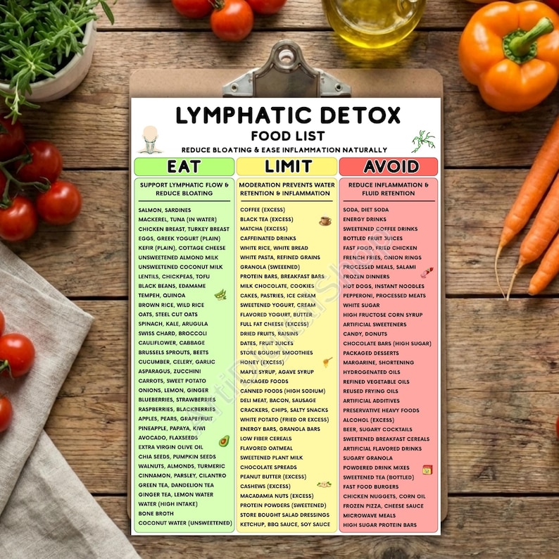 K&ouml;nnte beinhalten: Eine Lebensmittelliste mit dem Titel "Lymphatische Entgiftung" mit drei Spalten: "Essen", "Einschr&auml;nken" und "Vermeiden". Die Spalte "Essen" listet Lebensmittel wie Lachs, Spinat und Blaubeeren auf. Die Spalte "Einschr&auml;nken" umfasst Kaffee, wei&szlig;en Reis und M&uuml;sli. Die Spalte "Vermeiden" listet Soda, Fast Food und Zucker auf.