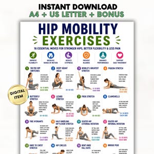 May include: A digital instructional poster titled Hip Mobility Exercises featuring 16 numbered illustrations of individuals performing stretches. The chart includes text descriptions for each movement, such as 90/90 hip switches and pigeon stretch, with icons for flexibility and injury prevention.
