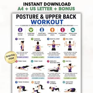 Può includere: Una tabella di allenamento digitale intitolata Posture & Upper Back Workout che presenta 12 esercizi illustrati con istruzioni. Il layout include icone per benefici come il miglioramento della postura e la riduzione del dolore al collo.