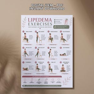 May include: A white PDF digital download titled "Lipedema Exercises" with illustrations of exercises. The exercises include ankle pumps, heel raises, seated march, leg extension, side leg lift, back leg lift, mini squat, glute bridge, clamshell, seated leg circle, wall sit, and deep breath & relax.