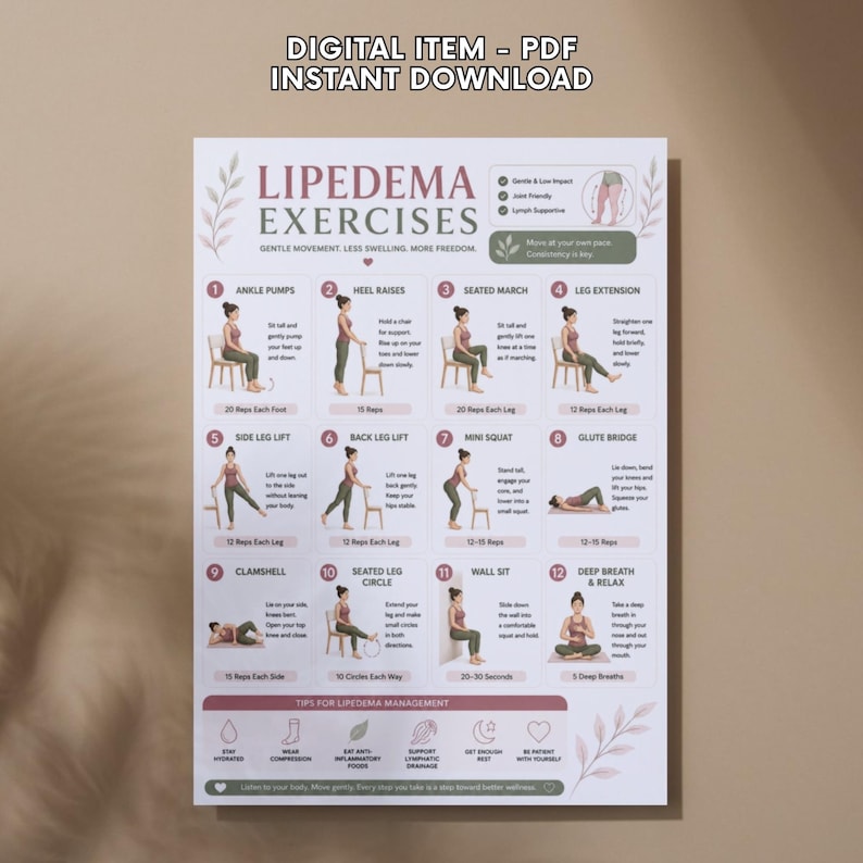 May include: A white PDF digital download titled "Lipedema Exercises" with illustrations of exercises. The exercises include ankle pumps, heel raises, seated march, leg extension, side leg lift, back leg lift, mini squat, glute bridge, clamshell, seated leg circle, wall sit, and deep breath & relax.