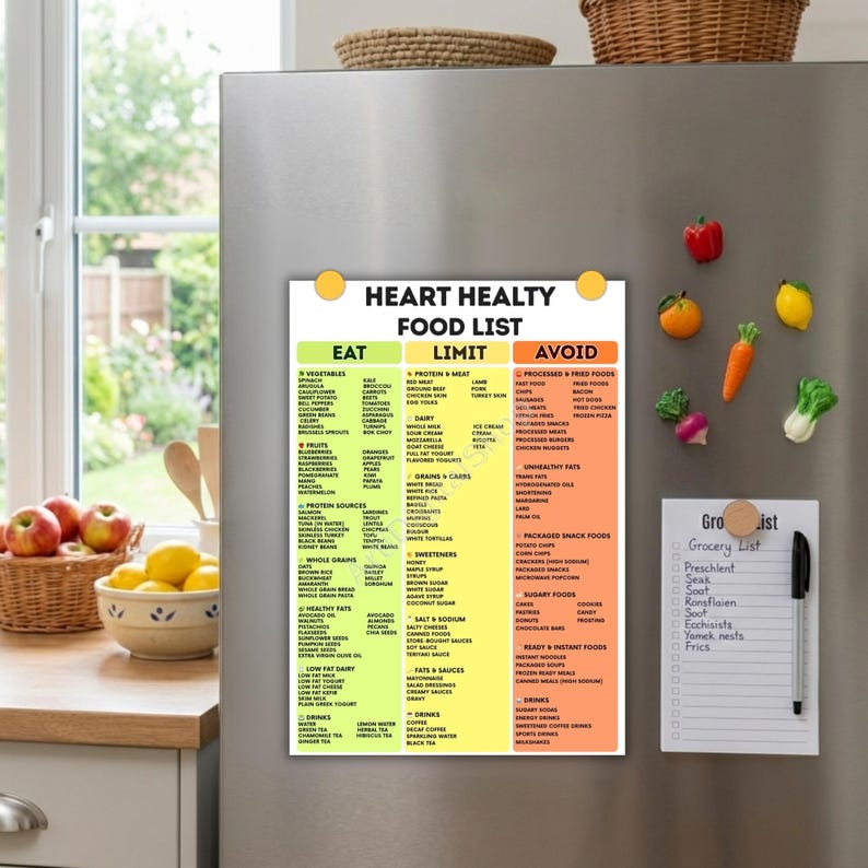 May include: A colorful "Heart Healthy Food List" magnet is displayed on a refrigerator. The list is divided into "Eat", "Limit", and "Avoid" categories, with various food items listed. Decorative fruit and vegetable magnets are also attached.