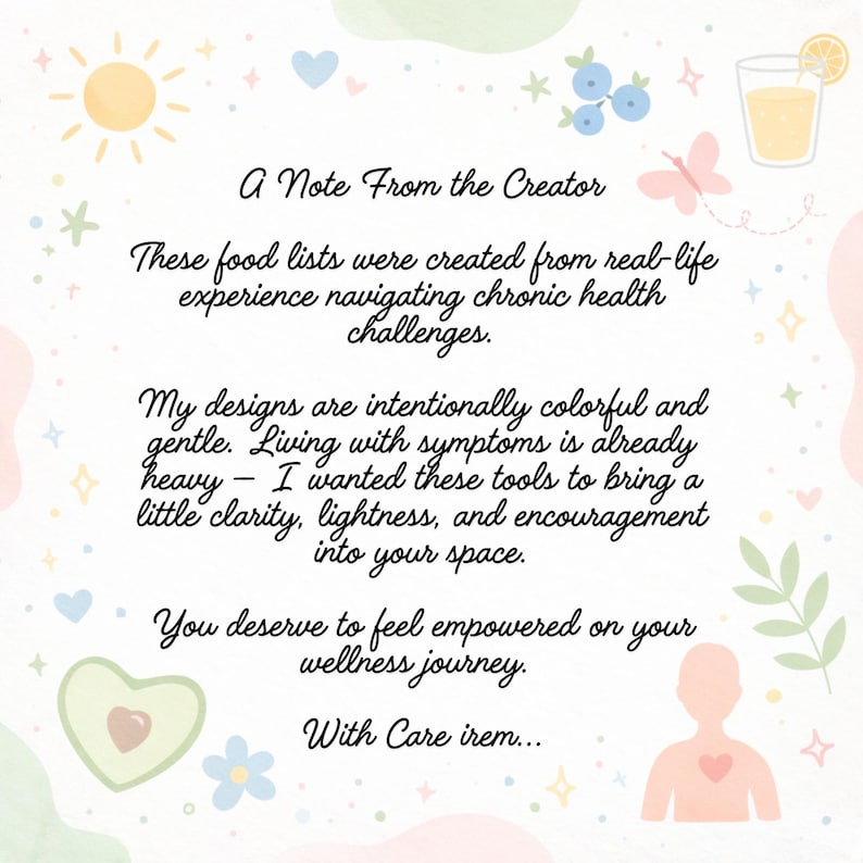 K&ouml;nnte beinhalten: Pastellfarbene Grafik mit dem Text &bdquo;A Note From the Creator&ldquo;. Der Text beschreibt die Absicht des Erstellers, Klarheit und Ermutigung f&uuml;r diejenigen zu schaffen, die mit chronischen Gesundheitsproblemen zu k&auml;mpfen haben. Dekorative Elemente: Sonne, Avocado und ein Glas Saft.