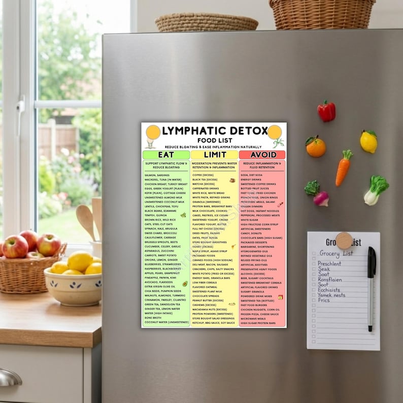 K&ouml;nnte beinhalten: Ein K&uuml;hlschrankmagnet mit einer "Lymphatische Detox-Lebensmittelliste" in Gelb, Gr&uuml;n und Rot. Die Liste kategorisiert Lebensmittel zum Essen, Einschr&auml;nken und Vermeiden, um Bl&auml;hungen und Entz&uuml;ndungen zu reduzieren. Eine Einkaufsliste ist angebracht.