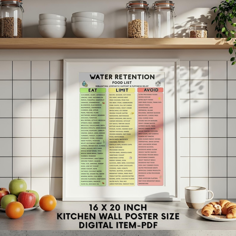 Op de afbeelding: Een ingelijste 40,64 x 50,8 cm keukenwandposter getiteld Water Retention Food List, met drie kleurgecodeerde kolommen met de labels Eat, Limit en Avoid. De kaart biedt een gedetailleerde lijst met voedingsmiddelen voor voedingsadvies, gepresenteerd in een duidelijke, georganiseerde lay-out met kleine pictogrammen bovenaan, weergegeven in een witte lijst aan een betegelde muur.