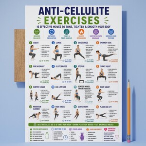 May include: A white informational poster titled Anti-Cellulite Exercises featuring 16 numbered illustrations of exercise movements with text instructions, icons for health benefits, and a section for tips, all printed in blue, green, and orange.