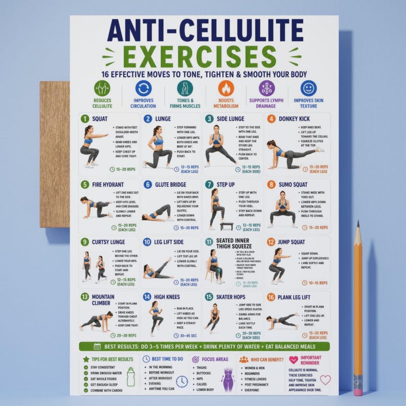 May include: A white informational poster titled Anti-Cellulite Exercises featuring 16 numbered illustrations of exercise movements with text instructions, icons for health benefits, and a section for tips, all printed in blue, green, and orange.