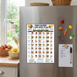 May include: A white rectangular magnetic chart titled 1500 CALORIE 7 DAY MEAL PLAN featuring a grid of daily food icons for breakfast, snacks, lunch, and dinner. The chart includes sections for daily water intake, nutrition tips, and calorie plan benefits.