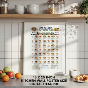 Peut inclure: Une affiche encadr&eacute;e de plan de repas de 7 jours &agrave; 1800 calories pr&eacute;sentant une grille d'illustrations alimentaires quotidiennes pour le petit-d&eacute;jeuner, les collations, le d&eacute;jeuner et le d&icirc;ner. L'affiche blanche inclut des titres et des conseils.