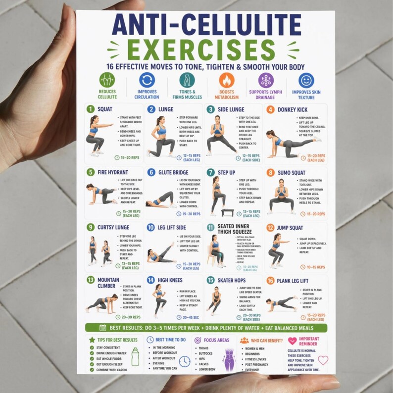 May include: A white informational poster titled Anti-Cellulite Exercises featuring sixteen numbered illustrations of physical movements. The chart includes text descriptions for each exercise, icons for health benefits, and tips for best results.