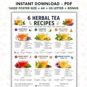Peut inclure: Une affiche numérique intitulée 6 Herbal Tea Recipes présentant six mélanges de tisanes avec ingrédients, instructions et bienfaits. La mise en page inclut des illustrations de tasses, d'herbes et de fleurs, avec du texte détaillant les recettes pour le sommeil, la digestion, le stress, l'énergie, la constipation et l'immunité.