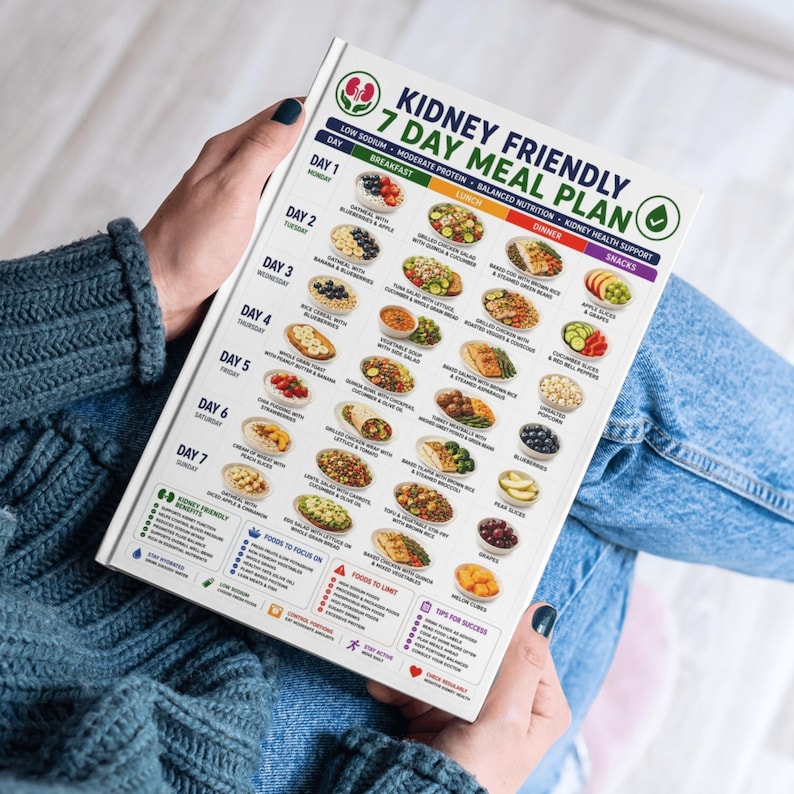 May include: A white informational chart titled Kidney Friendly 7 Day Meal Plan featuring a grid of daily breakfast, lunch, dinner, and snack options with small food illustrations, plus sections for kidney health benefits, foods to focus on, and tips.
