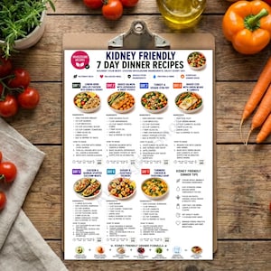May include: A white paper meal plan titled Kidney Friendly 7 Day Dinner Recipes clipped to a clipboard. The document features seven daily meal entries with ingredient lists, cooking instructions, and nutritional icons for a healthy diet plan.