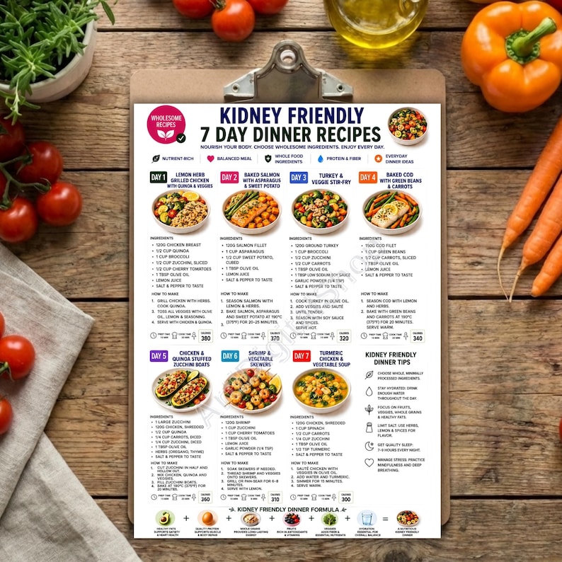 May include: A white paper meal plan titled Kidney Friendly 7 Day Dinner Recipes clipped to a clipboard. The document features seven daily meal entries with ingredient lists, cooking instructions, and nutritional icons for a healthy diet plan.
