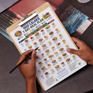 Peut inclure: Un presse-papier en bois contenant un document imprim&eacute; intitul&eacute; 1800 Calorie 7 Day Meal Plan avec des illustrations alimentaires color&eacute;es, des ic&ocirc;nes nutritionnelles et un guide d'hydratation. Un crayon noir est pos&eacute; sur la feuille.