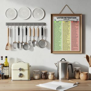 Op de afbeelding: Een keukenwand met een ingelijste voedingslijst voor vochtretentie, een grijs rek met diverse metalen keukengerei, drie witte decoratieve wandborden, een cr&egrave;mekleurige broodtrommel, een metalen koffiezetapparaat en glazen potten.